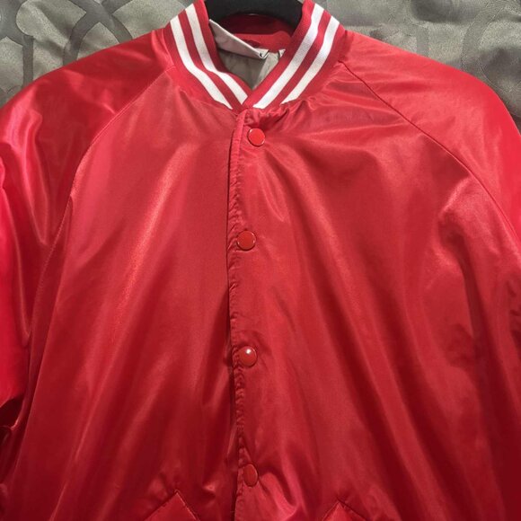 Vintage Cardinal Red Satin Bomber Jacket Size S Nylon – Minor Stain on Label Are - Picture 2 of 9